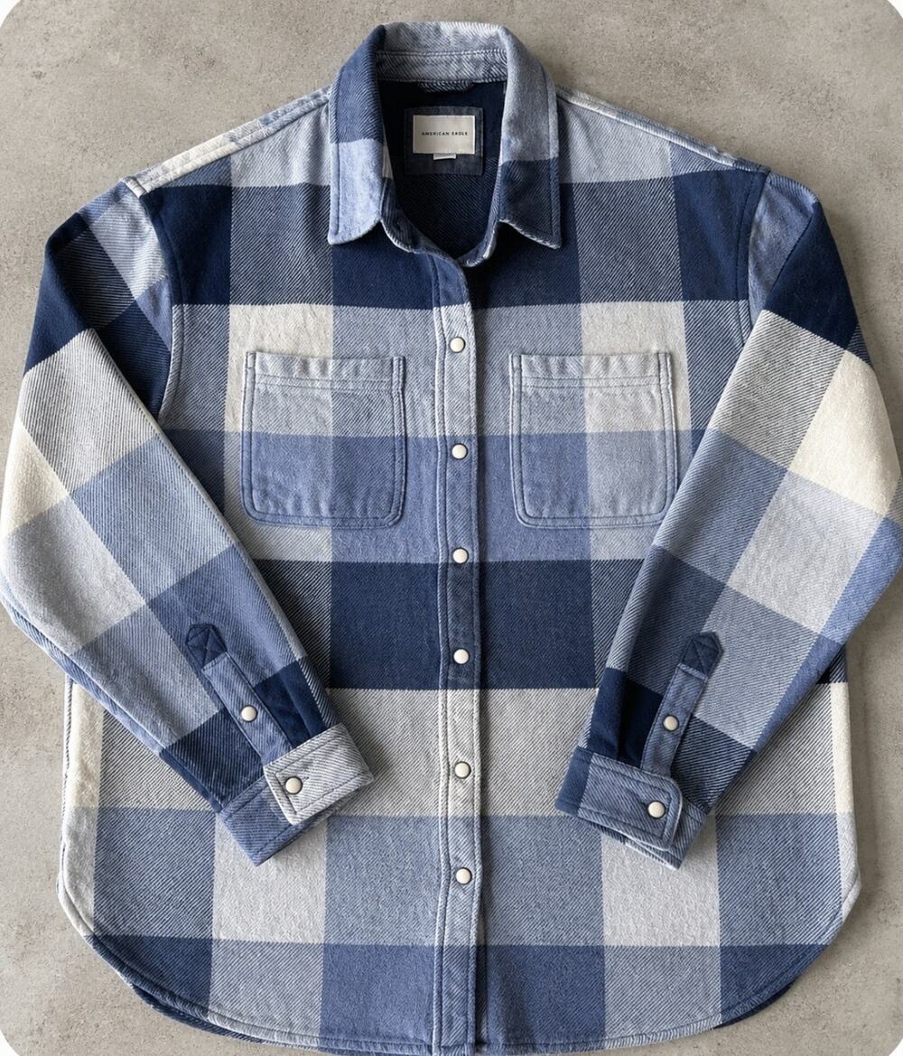 American Eagle Mens Large 100% Cotton Plaid Button-Down Shirt Blue Pearl Snap
